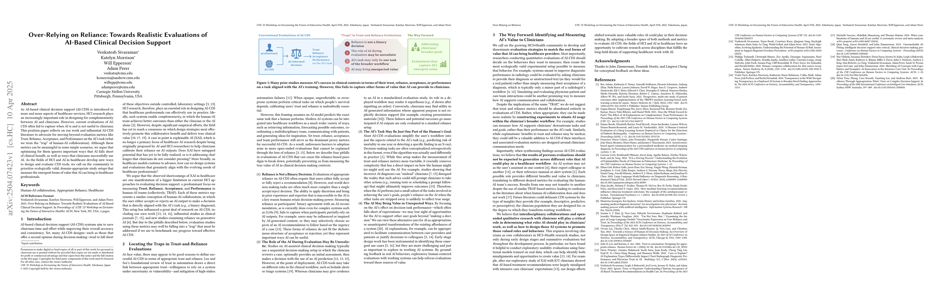Thumbnail for Over-Relying on Reliance: Towards Realistic Evaluations of AI-Based
  Clinical Decision Support