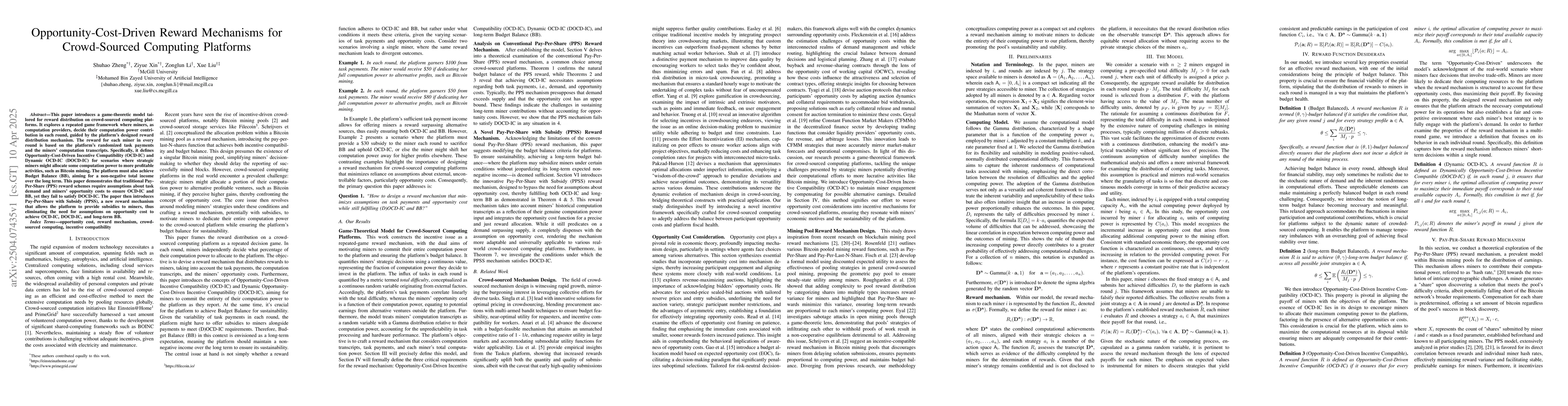 Thumbnail for Opportunity-Cost-Driven Reward Mechanisms for Crowd-Sourced Computing
  Platforms