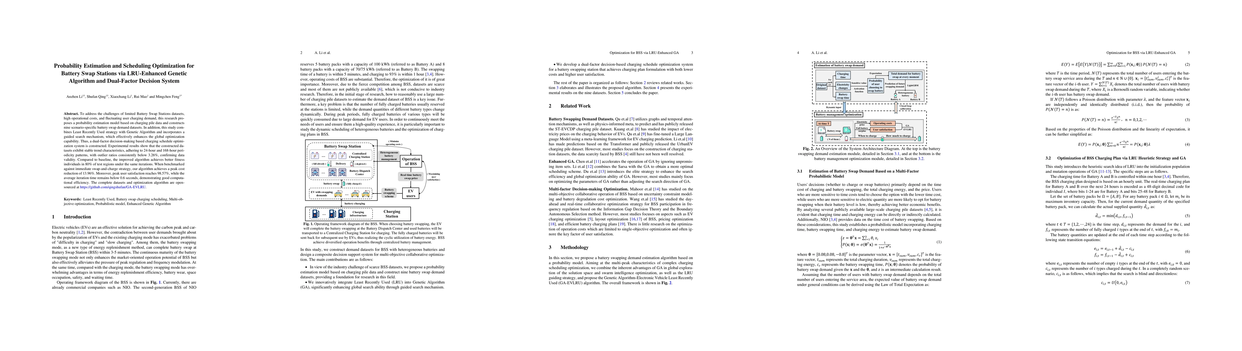 Thumbnail for Probability Estimation and Scheduling Optimization for Battery Swap
  Stations via LRU-Enhanced Genetic Algorithm and Dual-Factor Decision System