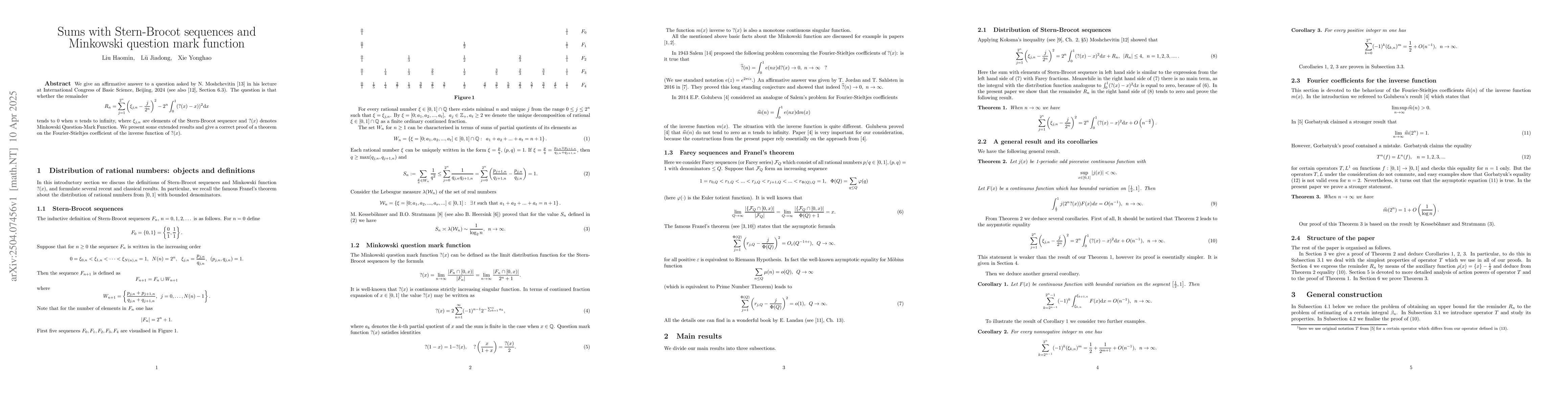Thumbnail for Sums with Stern-Brocot sequences and Minkowski question mark function