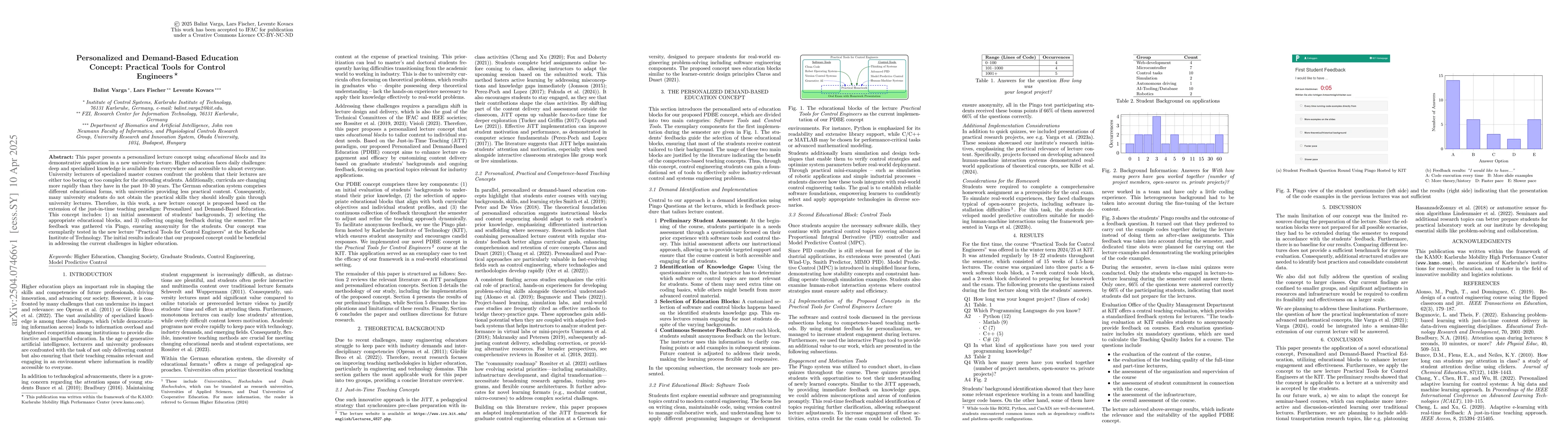 Thumbnail for Personalized and Demand-Based Education Concept: Practical Tools for
  Control Engineers