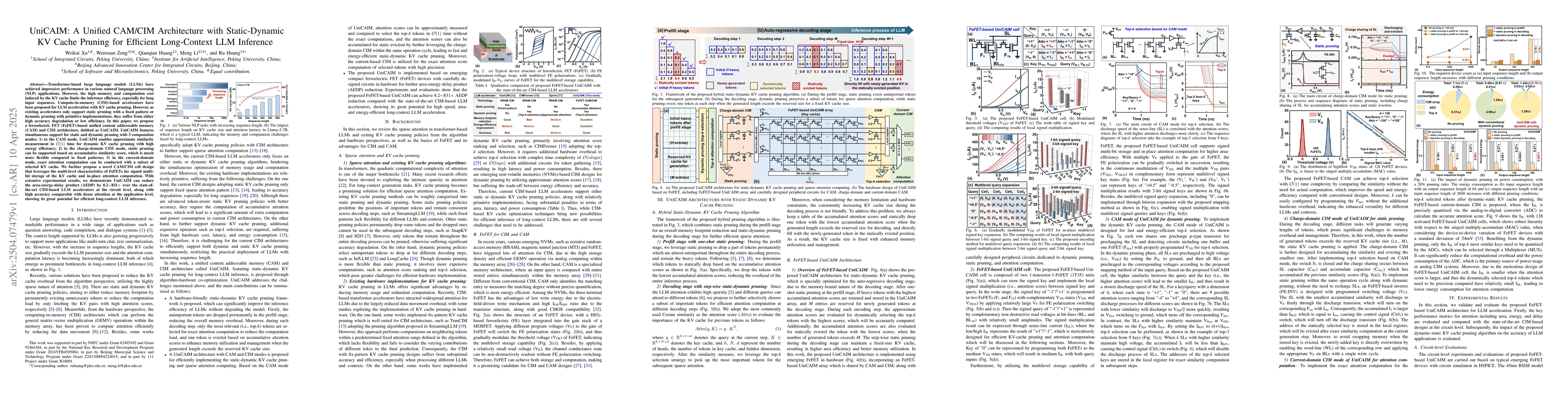 Thumbnail for UniCAIM: A Unified CAM/CIM Architecture with Static-Dynamic KV Cache
  Pruning for Efficient Long-Context LLM Inference
