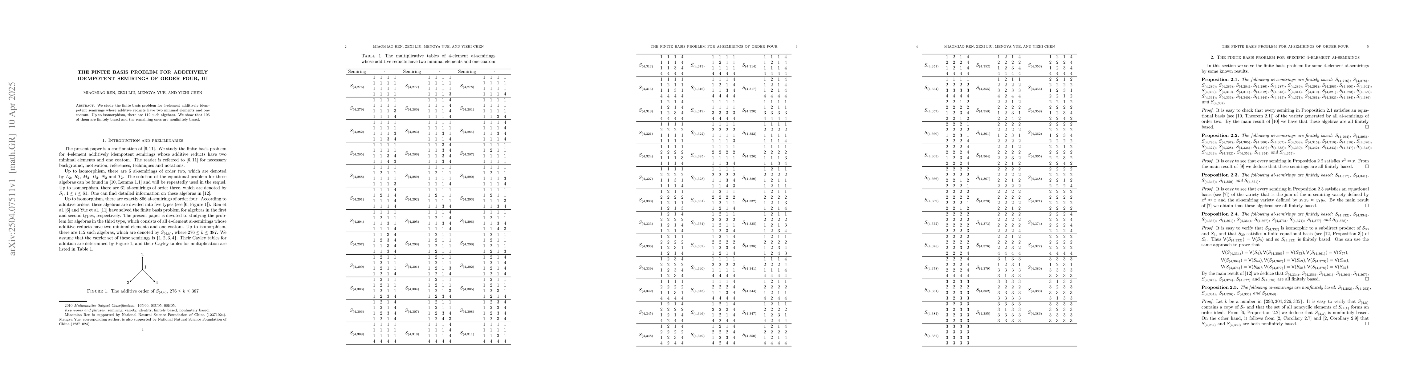 Thumbnail for The finite basis problem for additively idempotent semirings of order
  four, III