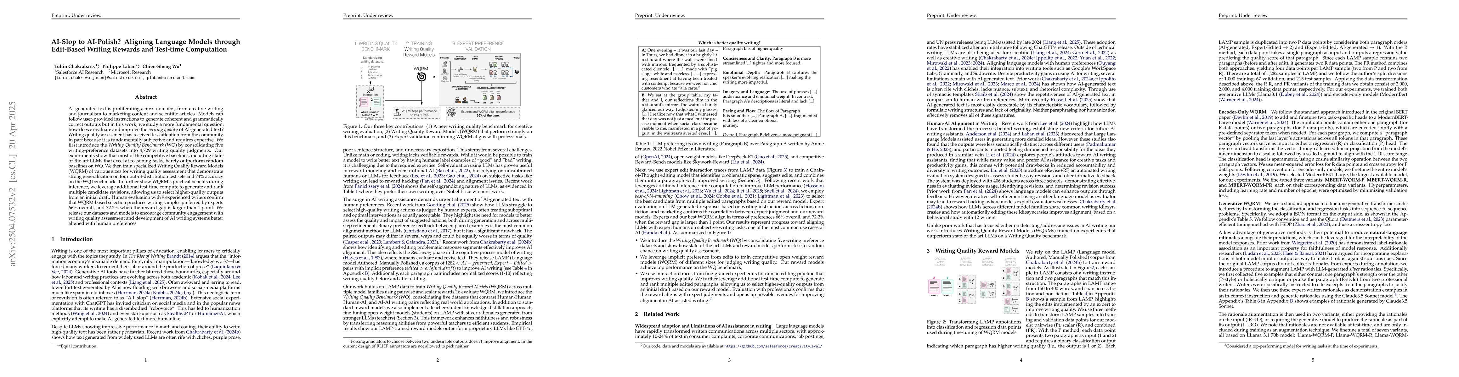 Thumbnail for AI-Slop to AI-Polish? Aligning Language Models through Edit-Based
  Writing Rewards and Test-time Computation