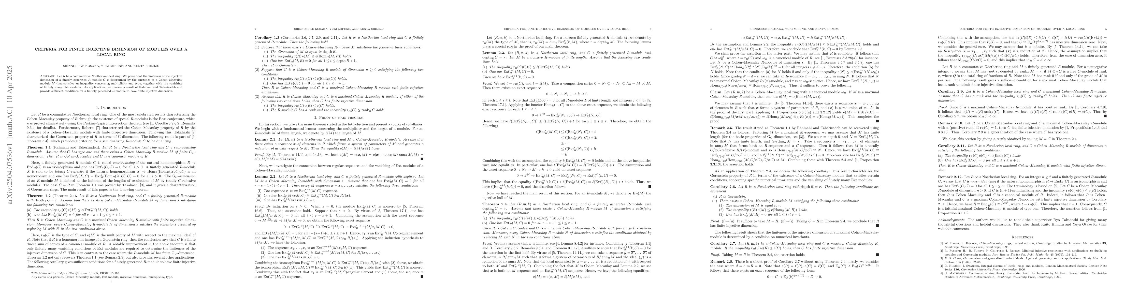 Thumbnail for Criteria for finite injective dimension of modules over a local ring