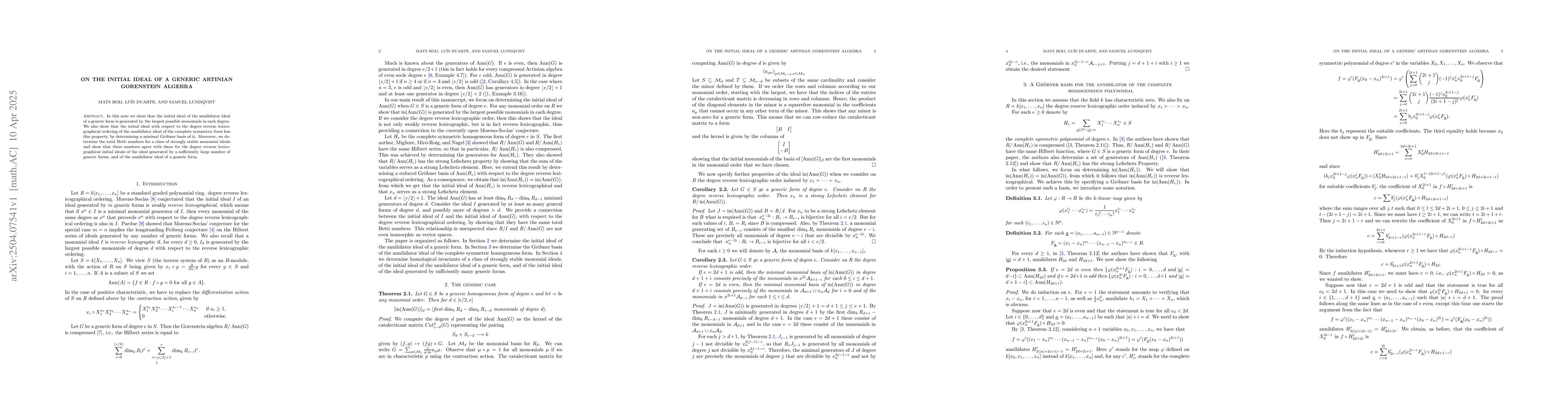 Thumbnail for On the initial ideal of a generic artinian Gorenstein algebra