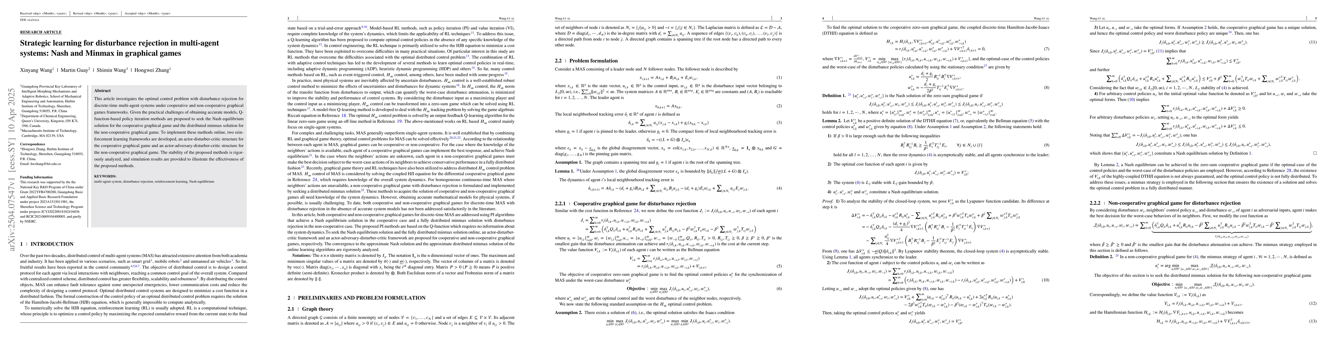 Thumbnail for Strategic learning for disturbance rejection in multi-agent systems:
  Nash and Minmax in graphical games