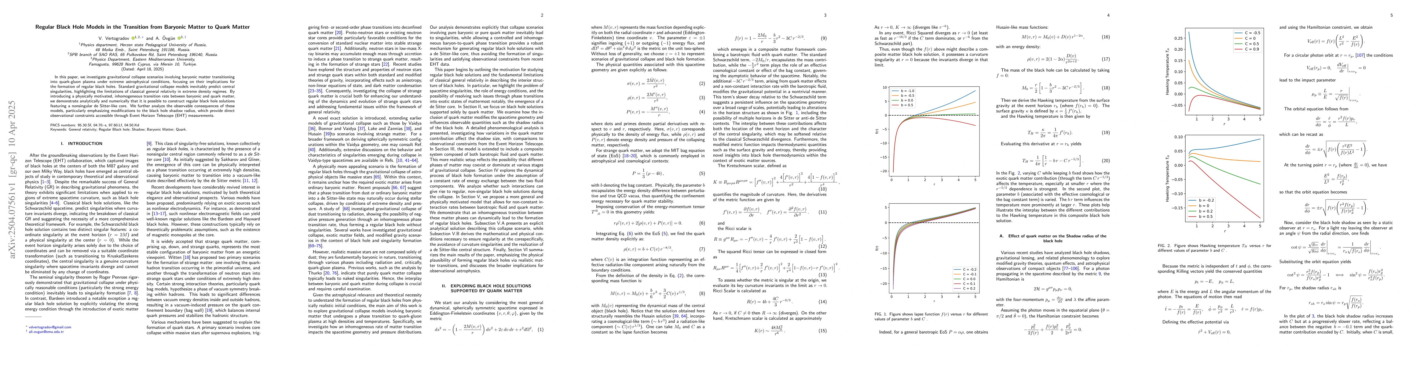 Thumbnail for Regular Black Hole Models in the Transition from Baryonic Matter to
  Quark Matter