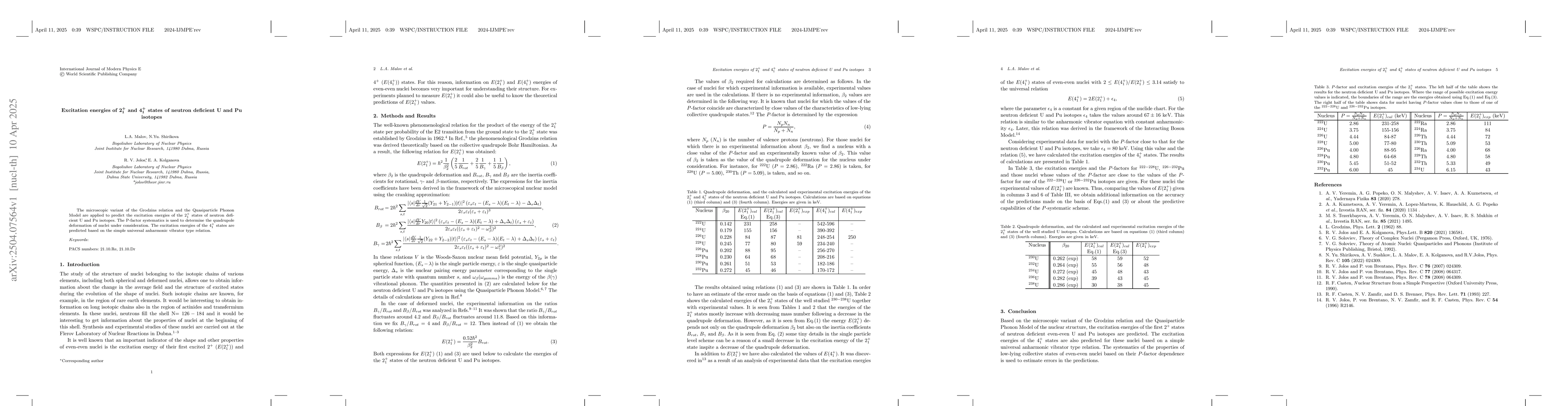 Thumbnail for Excitation energies of $2^+_1$ and $4^+_1$ states of neutron deficient U
  and Pu isotopes