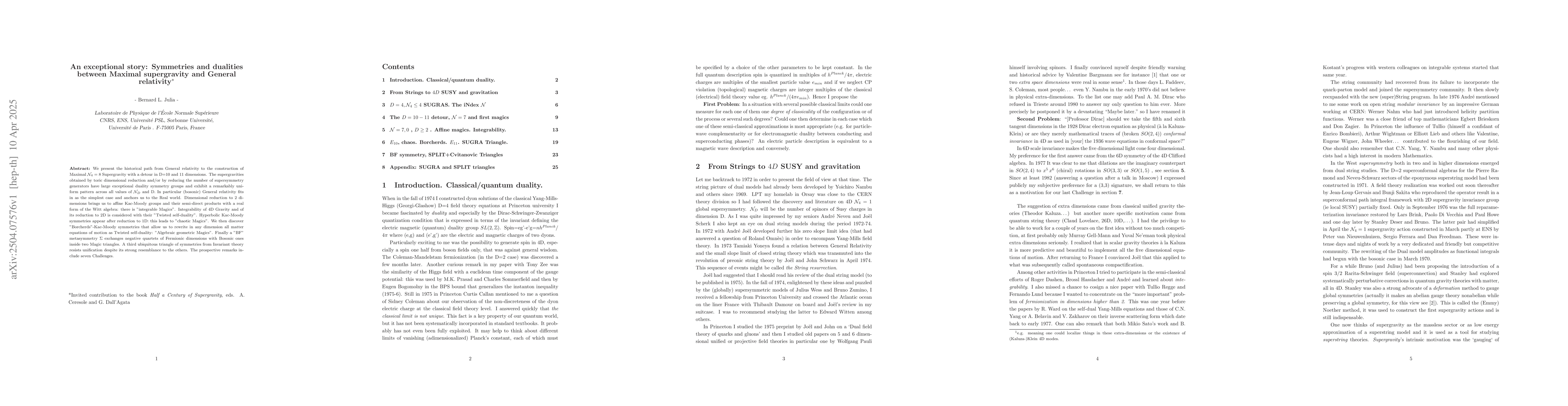 Thumbnail for An exceptional story: Symmetries and dualities between Maximal
  supergravity and General relativity