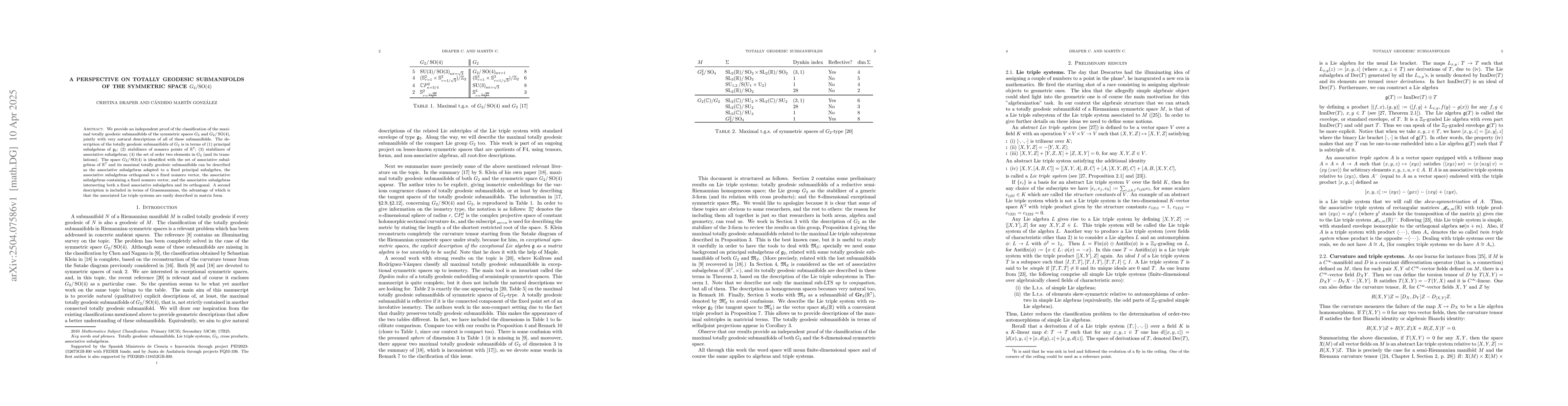 Thumbnail for A perspective on totally geodesic submanifolds of the symmetric space
  $G_2/SO(4)$