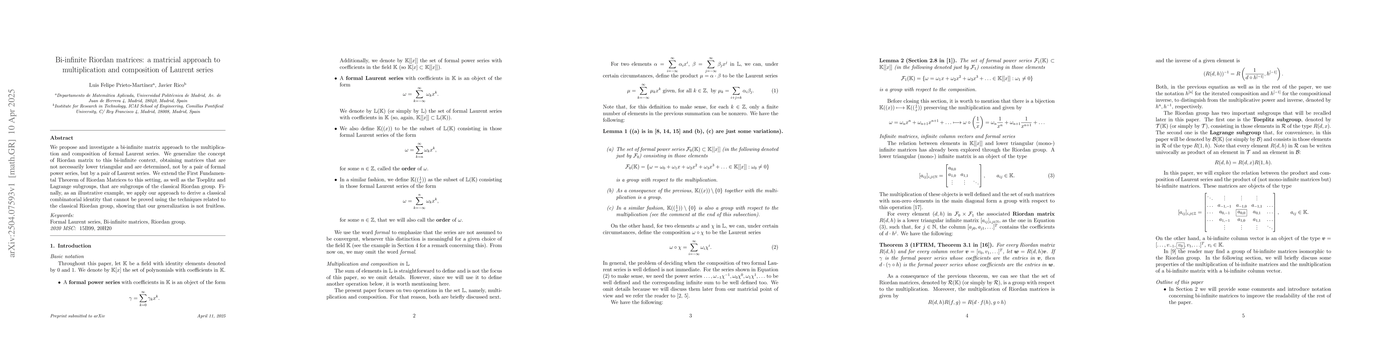 Thumbnail for Bi-infinite Riordan matrices: a matricial approach to multiplication and
  composition of Laurent series