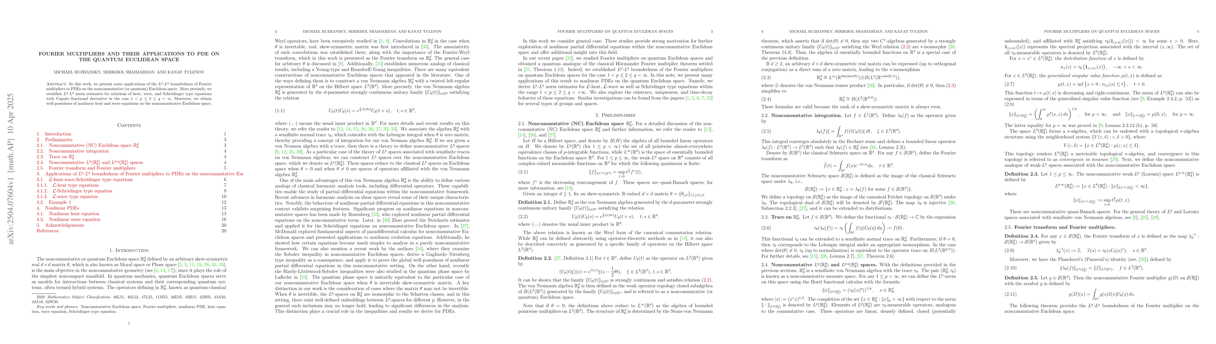 Thumbnail for Fourier multipliers and their applications to PDE on the quantum
  Euclidean space