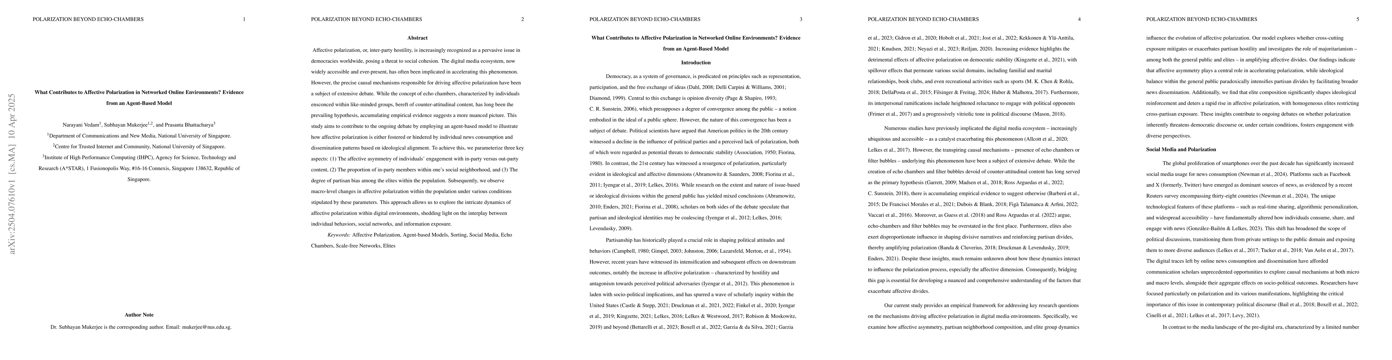 Thumbnail for What Contributes to Affective Polarization in Networked Online
  Environments? Evidence from an Agent-Based Model