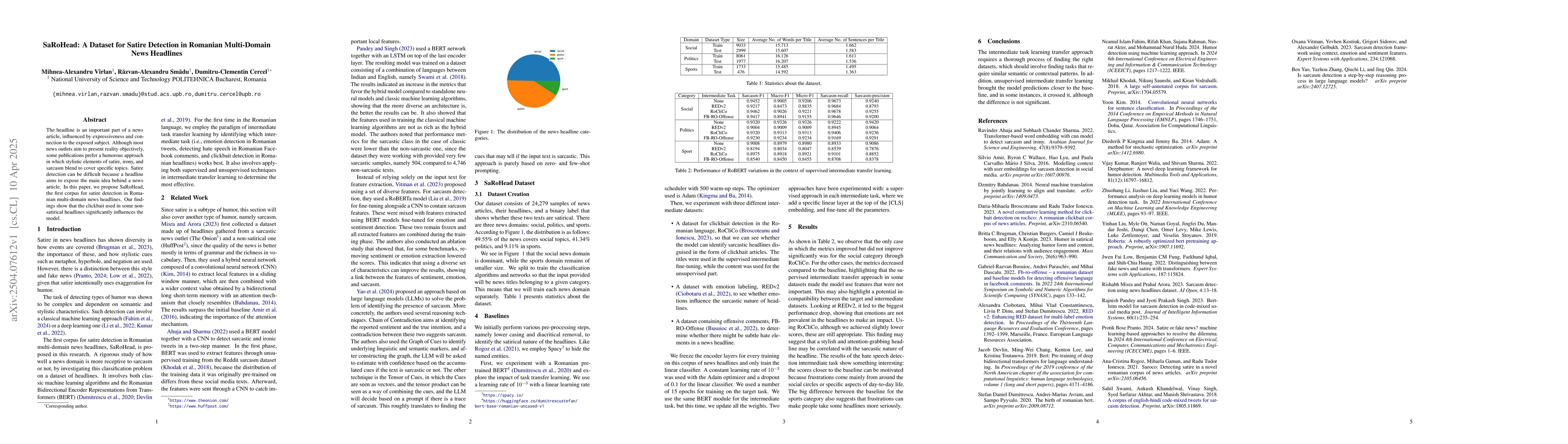 Thumbnail for SaRoHead: A Dataset for Satire Detection in Romanian Multi-Domain News
  Headlines