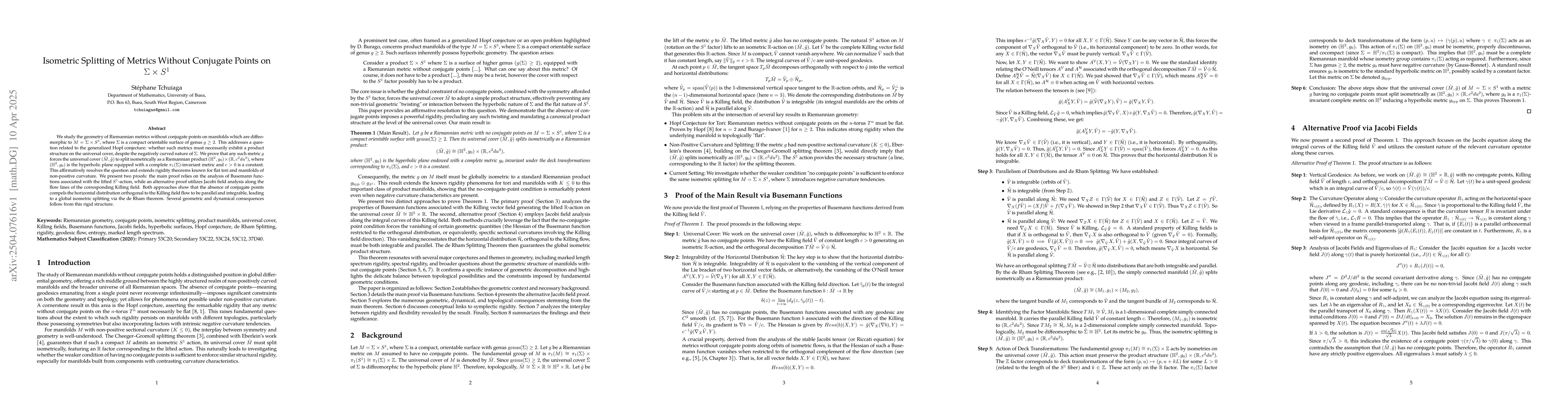 Thumbnail for Isometric Splitting of Metrics Without Conjugate Points on $Σ
  \times S^1$