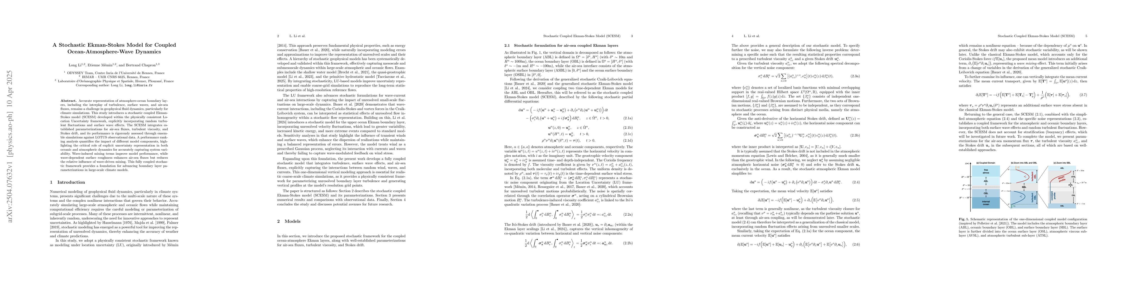 Thumbnail for A Stochastic Ekman-Stokes Model for Coupled Ocean-Atmosphere-Wave
  Dynamics