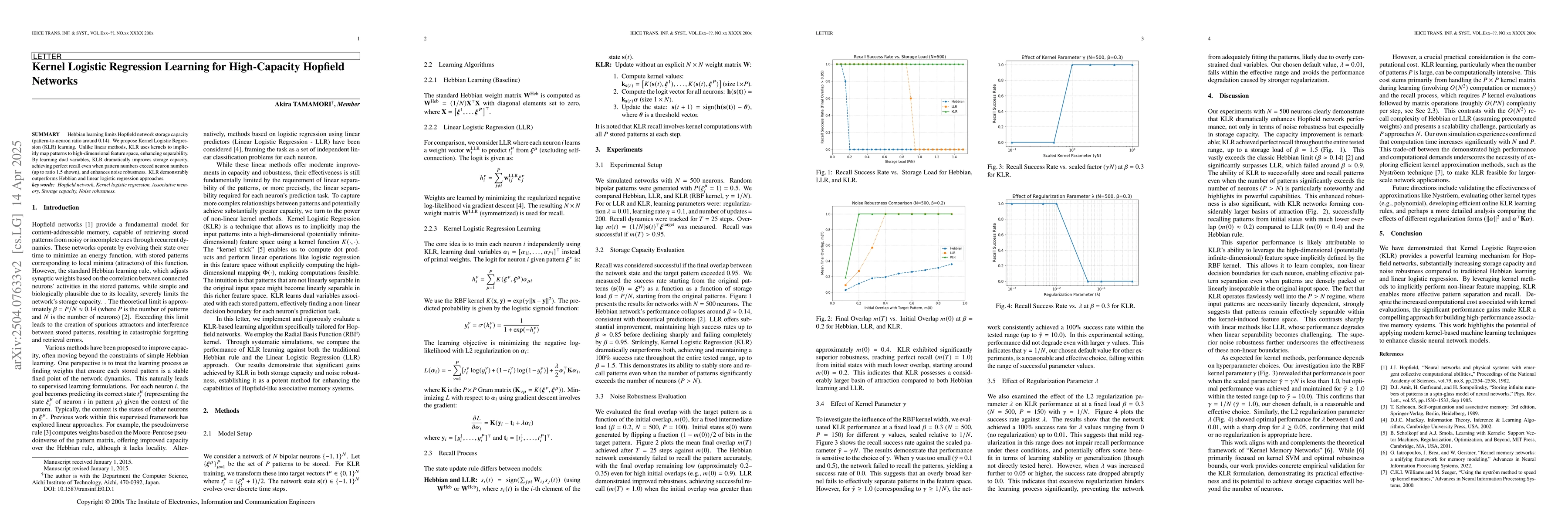 Thumbnail for Kernel Logistic Regression Learning for High-Capacity Hopfield Networks