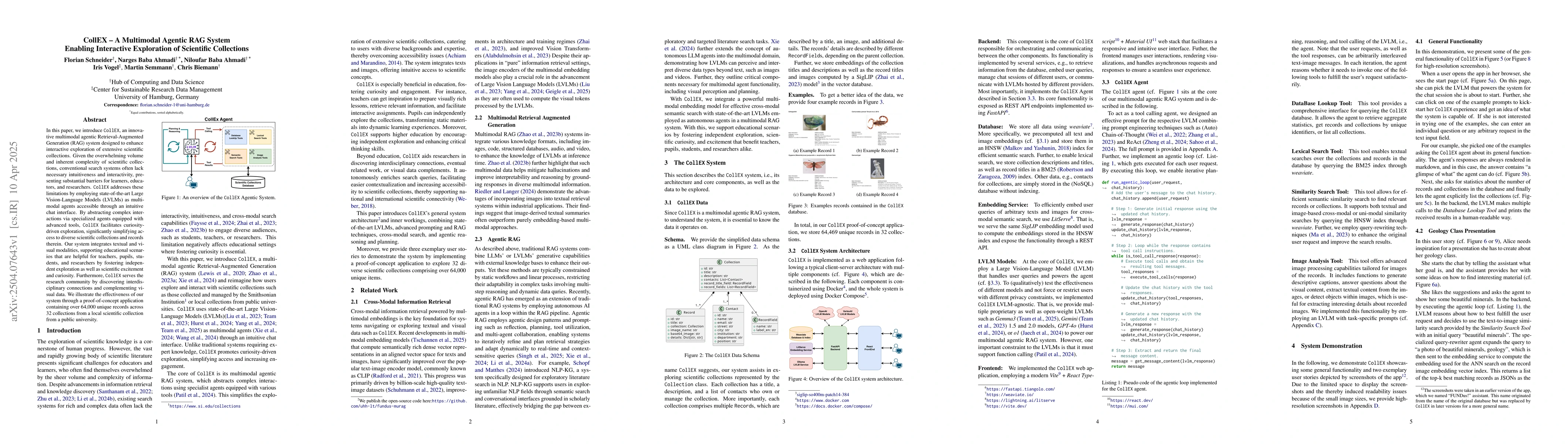 Thumbnail for CollEX -- A Multimodal Agentic RAG System Enabling Interactive
  Exploration of Scientific Collections