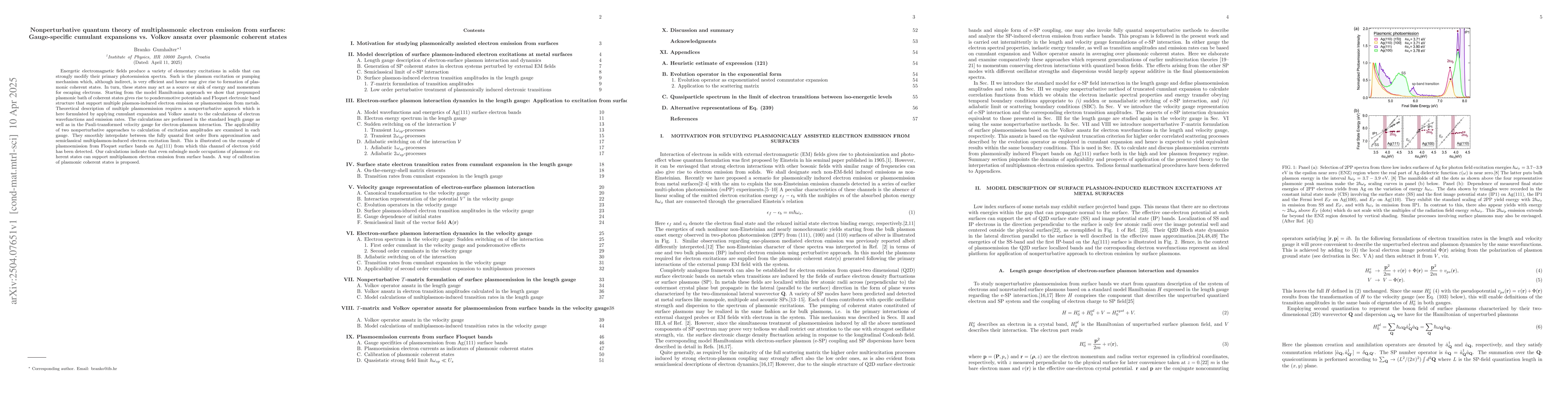 Thumbnail for Nonperturbative quantum theory of multiplasmonic electron emission from
  surfaces: Gauge-specific cumulant expansions vs. Volkov ansatz over plasmonic
  coherent states