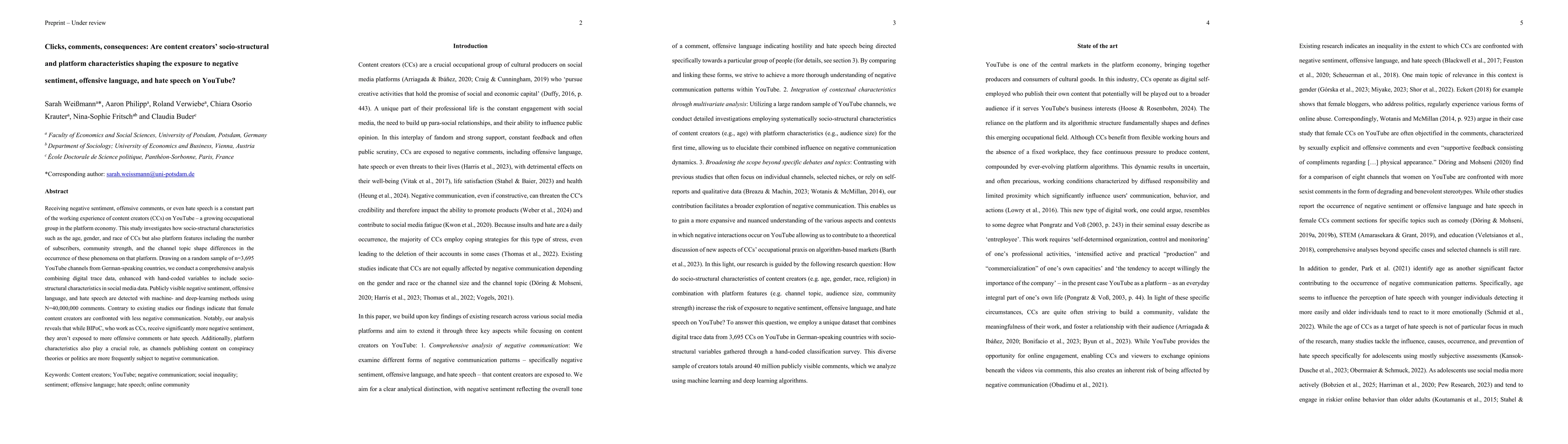 Thumbnail for Clicks, comments, consequences: Are content creators' socio-structural
  and platform characteristics shaping the exposure to negative sentiment,
  offensive language, and hate speech on YouTube?