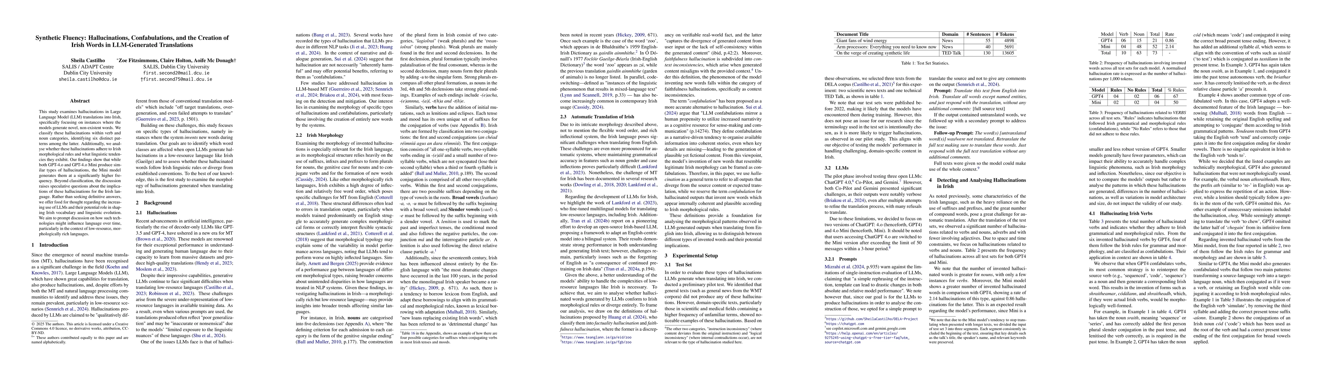 Thumbnail for Synthetic Fluency: Hallucinations, Confabulations, and the Creation of
  Irish Words in LLM-Generated Translations