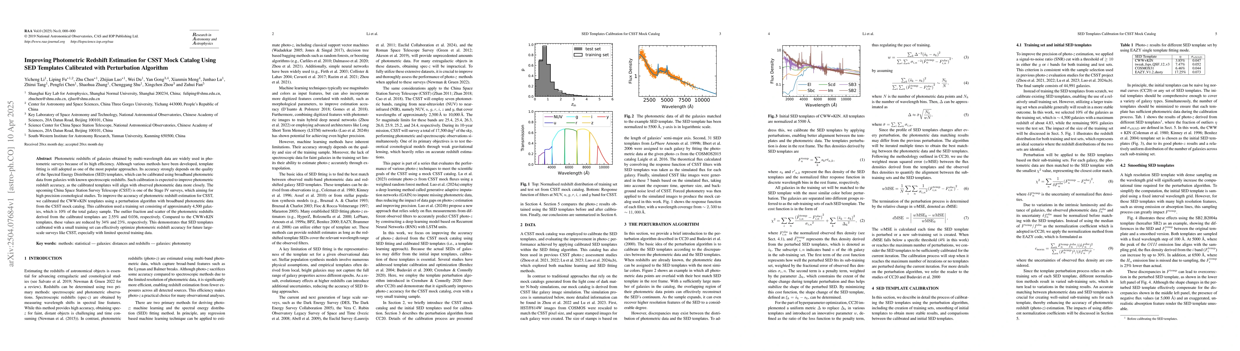 Thumbnail for Improving Photometric Redshift Estimation for CSST Mock Catalog Using
  SED Templates Calibrated with Perturbation Algorithm