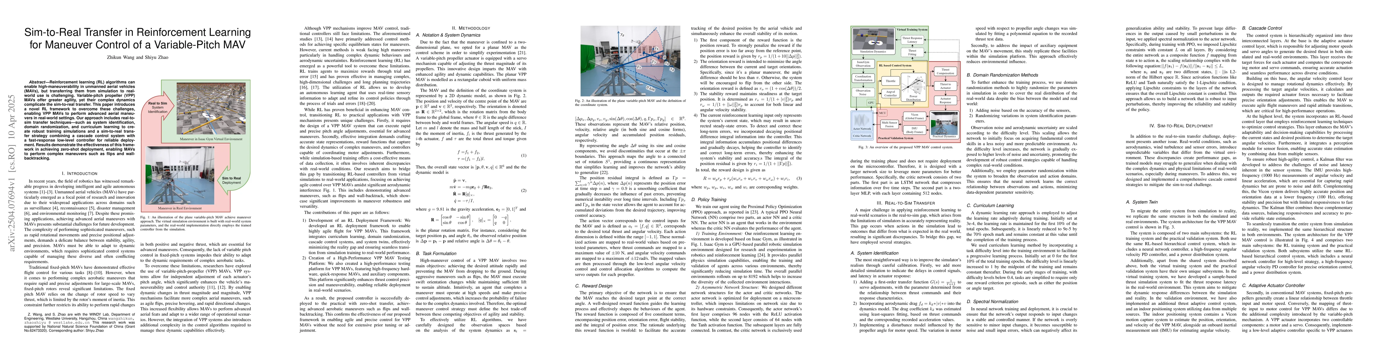Thumbnail for Sim-to-Real Transfer in Reinforcement Learning for Maneuver Control of a
  Variable-Pitch MAV