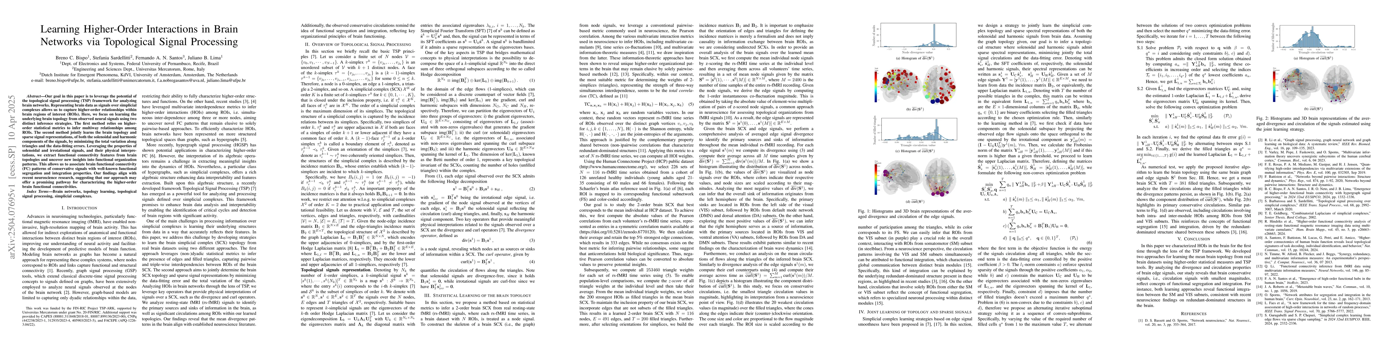 Thumbnail for Learning Higher-Order Interactions in Brain Networks via Topological
  Signal Processing