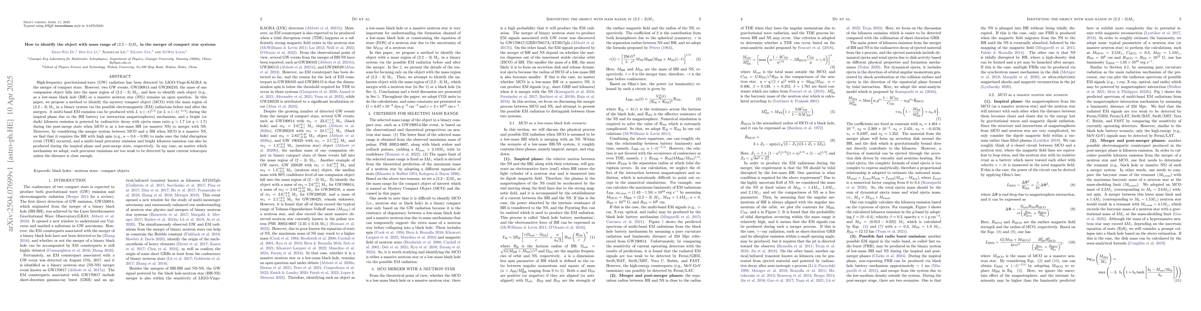 Thumbnail for How to identify the object with mass range of $(2.2-3)M_\odot$ in the
  merger of compact star systems