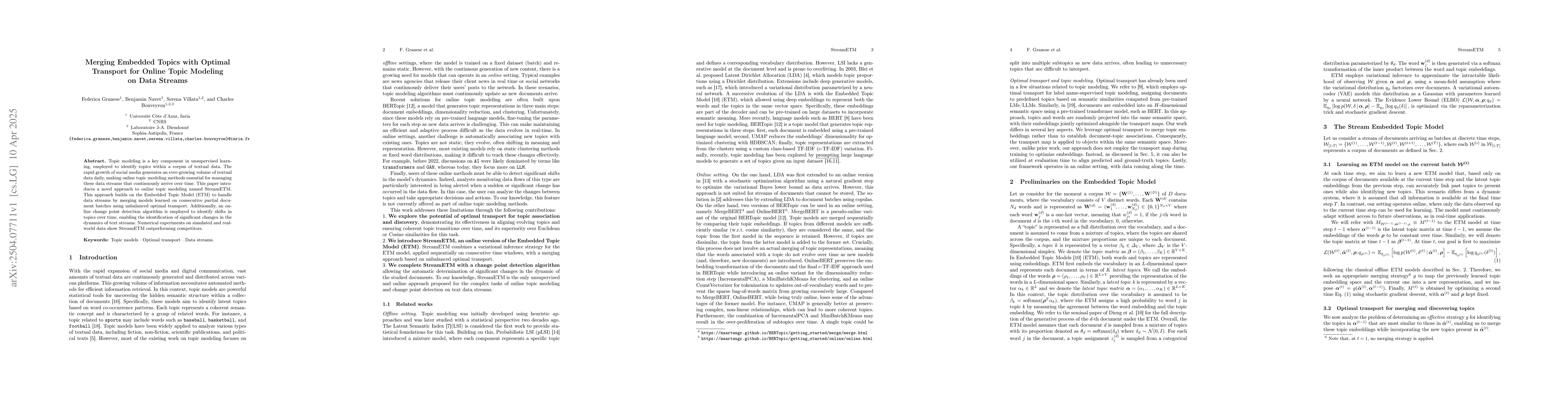 Thumbnail for Merging Embedded Topics with Optimal Transport for Online Topic Modeling
  on Data Streams