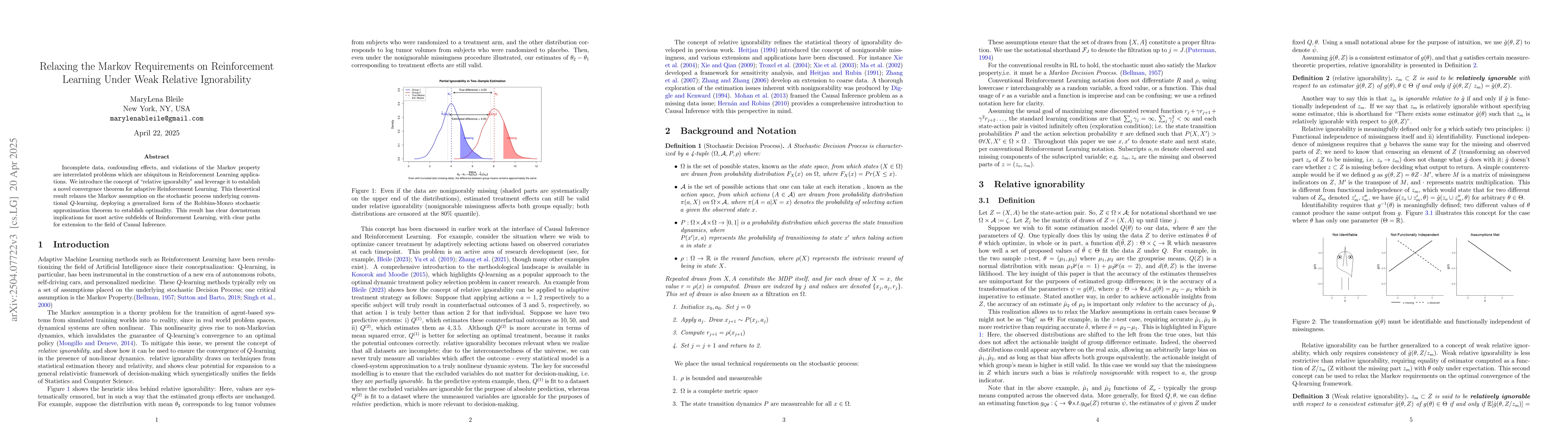 Thumbnail for Relaxing the Markov Requirements on Reinforcement Learning Under Weak
  Relative Ignorability