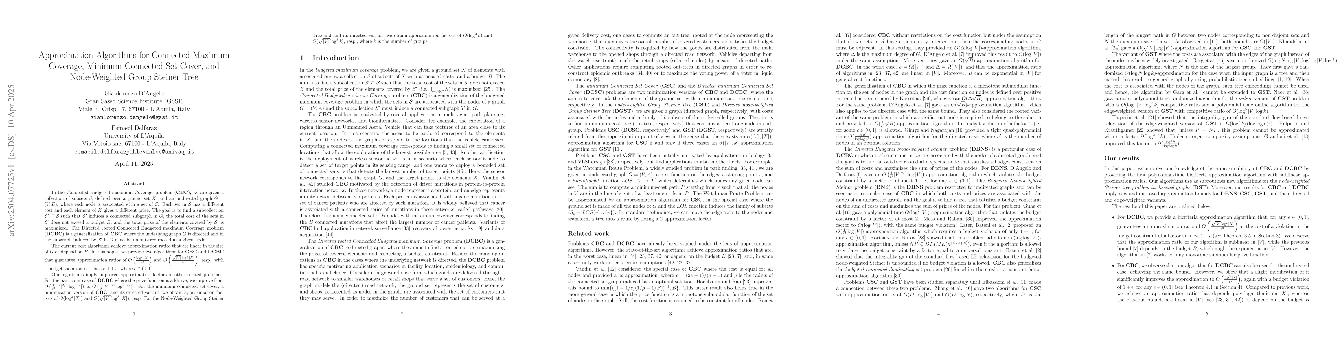 Thumbnail for Approximation Algorithms for Connected Maximum Coverage, Minimum
  Connected Set Cover, and Node-Weighted Group Steiner Tree