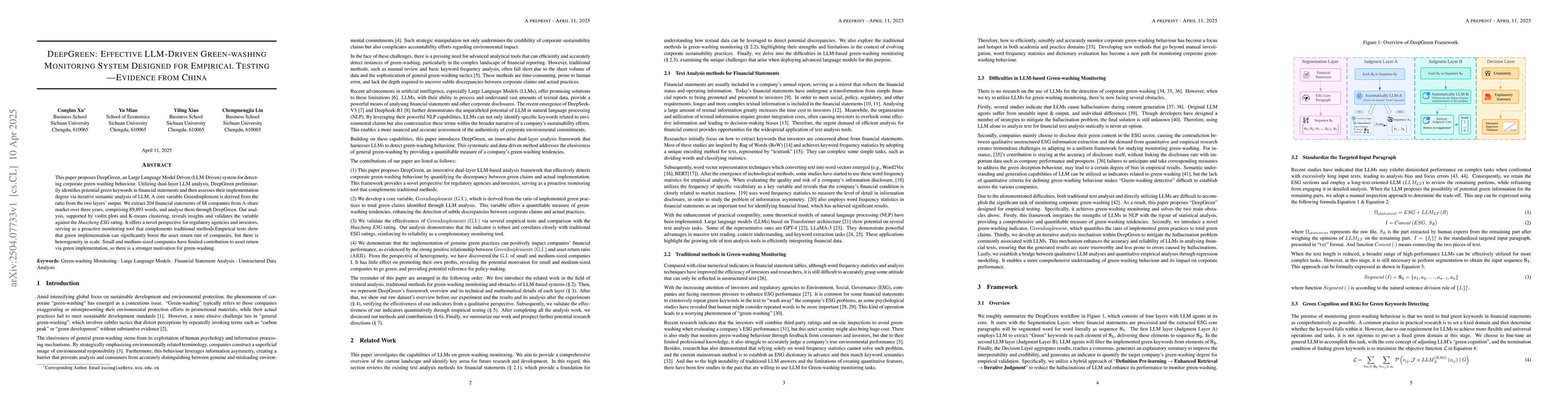 Thumbnail for DeepGreen: Effective LLM-Driven Green-washing Monitoring System Designed
  for Empirical Testing -- Evidence from China