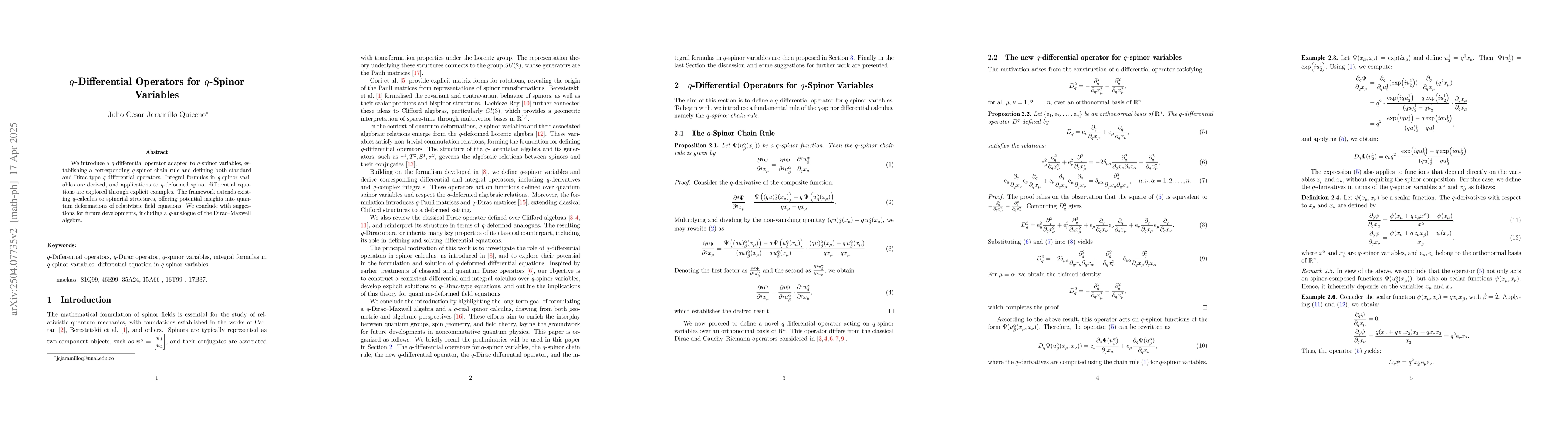 Thumbnail for $q$-Differential Operators for $q$-Spinor Variables