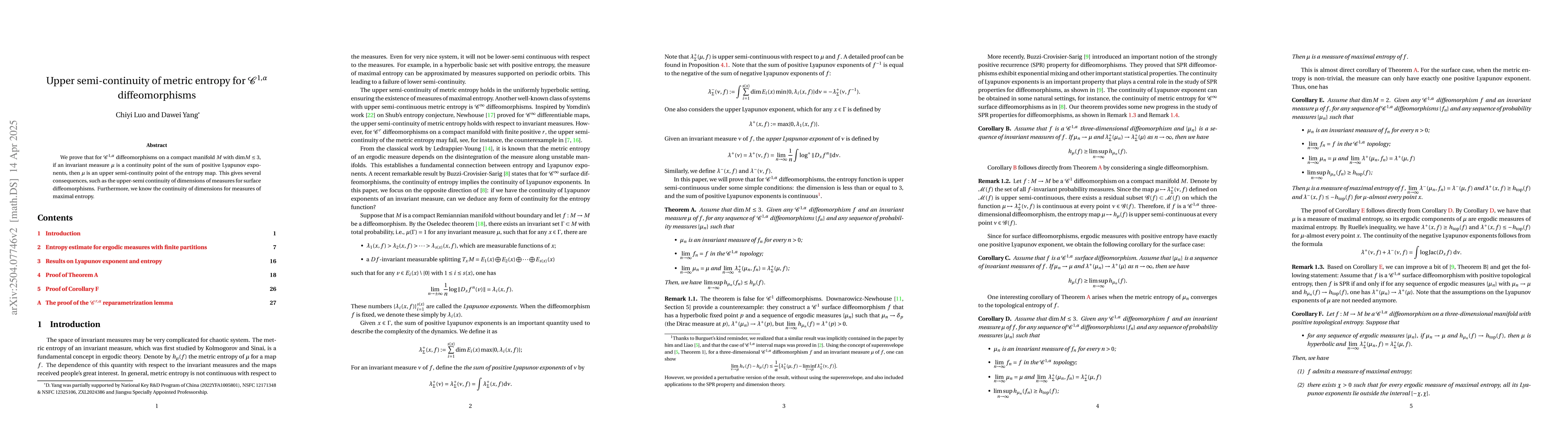 Thumbnail for Upper semi-continuity of metric entropy for $\mathcal{C}^{1,α}$
  diffeomorphisms