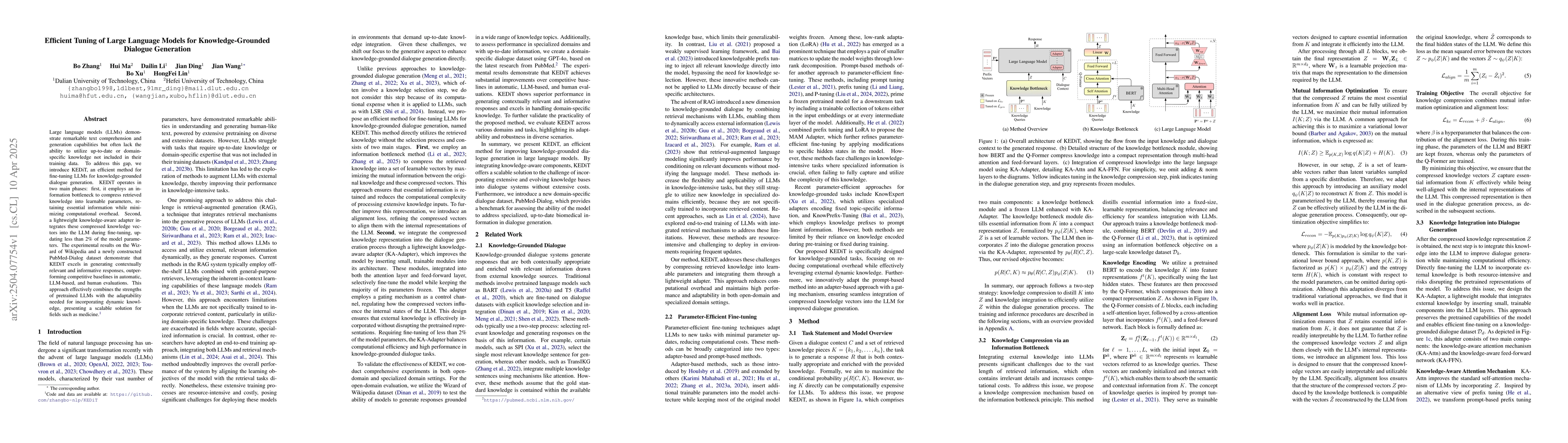 Thumbnail for Efficient Tuning of Large Language Models for Knowledge-Grounded
  Dialogue Generation