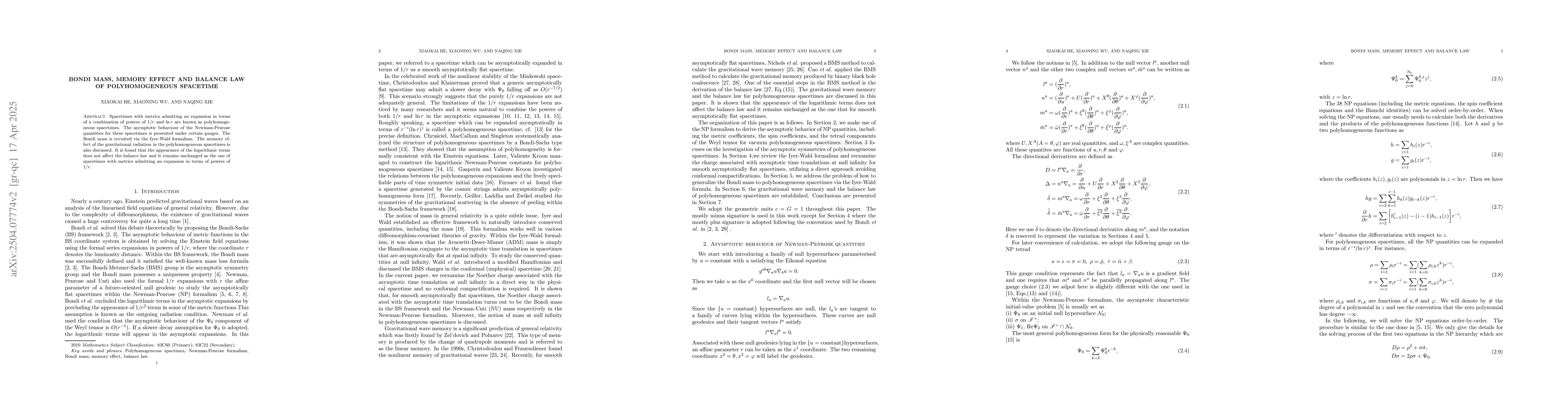 Thumbnail for Bondi Mass, Memory Effect and Balance Law of Polyhomogeneous Spacetime