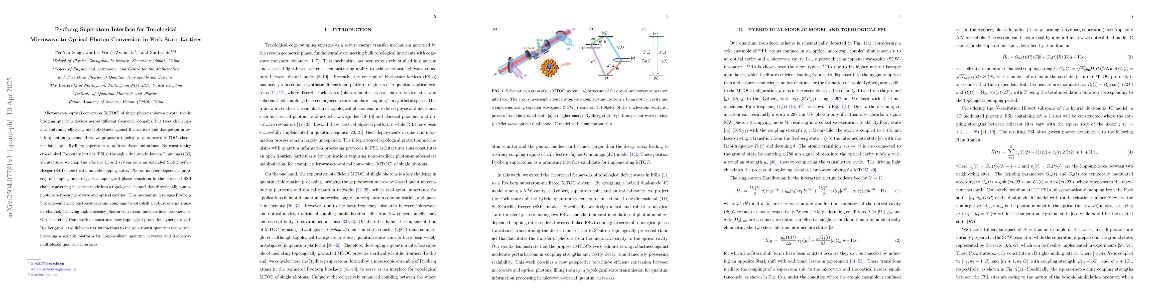 Thumbnail for Rydberg Superatom Interface for Topological Microwave-to-Optical Photon
  Conversion in Fock-State Lattices