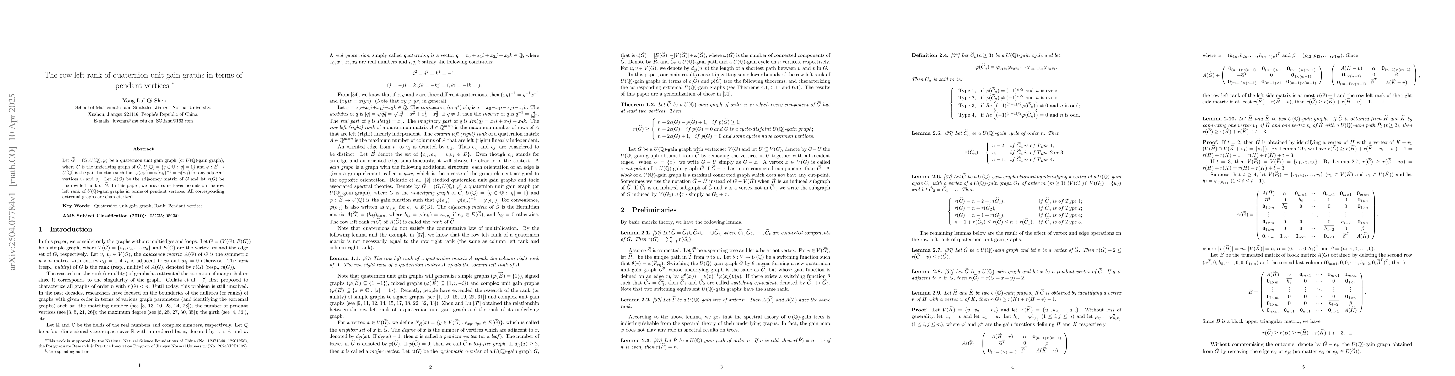 Thumbnail for The row left rank of quaternion unit gain graphs in terms of pendant
  vertices