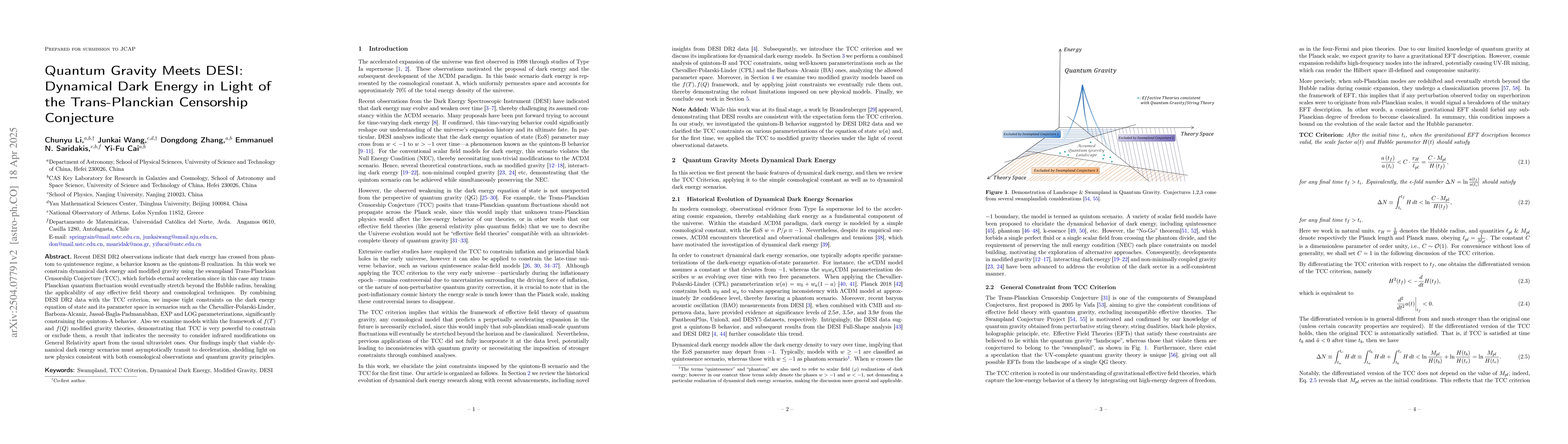Thumbnail for Quantum Gravity Meets DESI: Dynamical Dark Energy in Light of the
  Trans-Planckian Censorship Conjecture