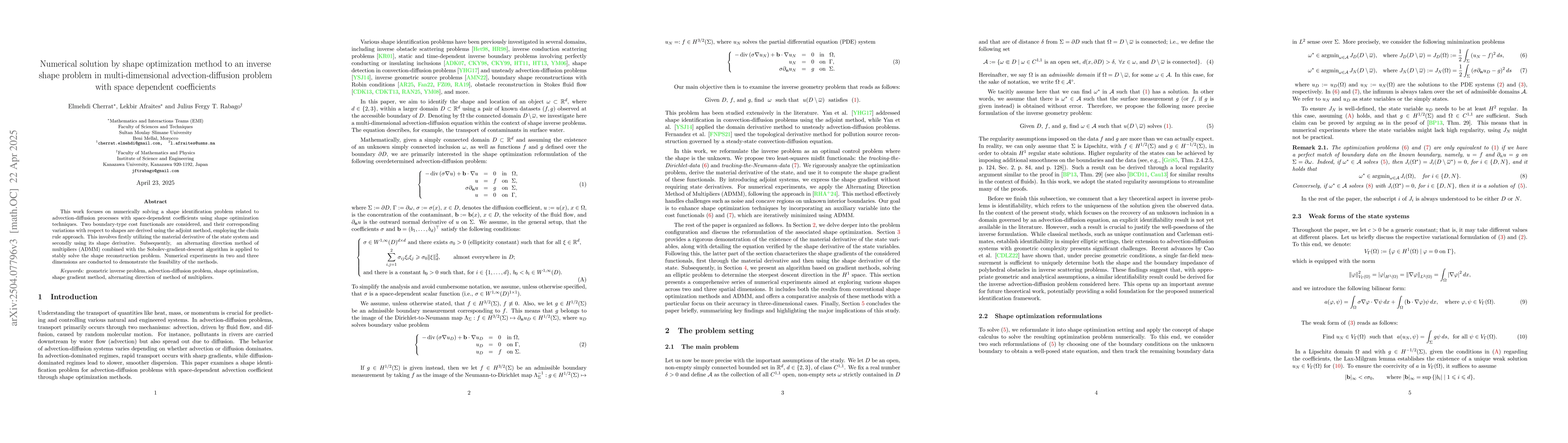 Thumbnail for Numerical solution by shape optimization method to an inverse shape
  problem in multi-dimensional advection-diffusion problem with space dependent
  coefficients