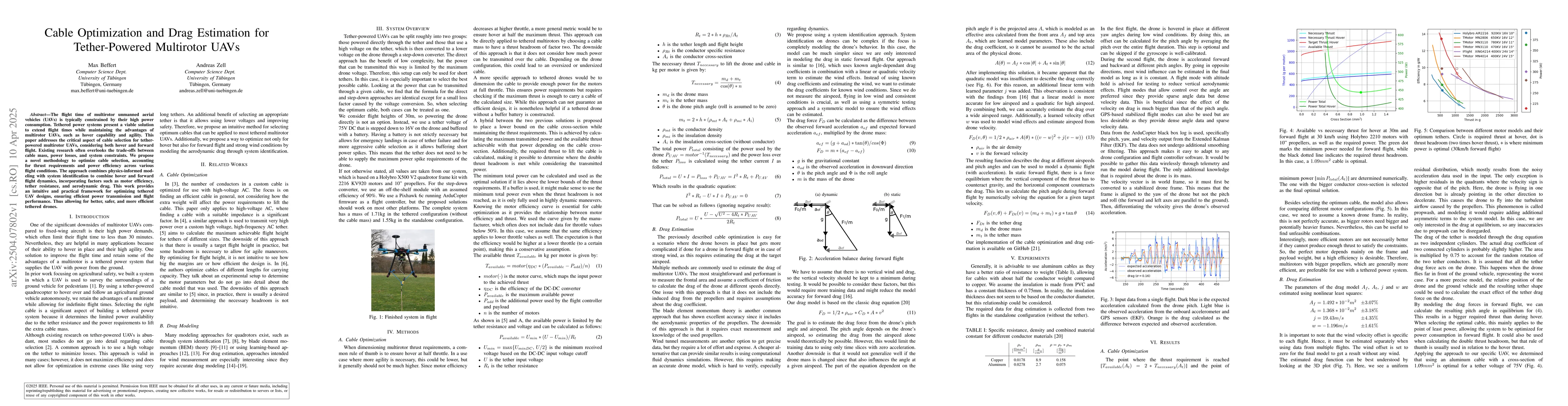 Thumbnail for Cable Optimization and Drag Estimation for Tether-Powered Multirotor
  UAVs