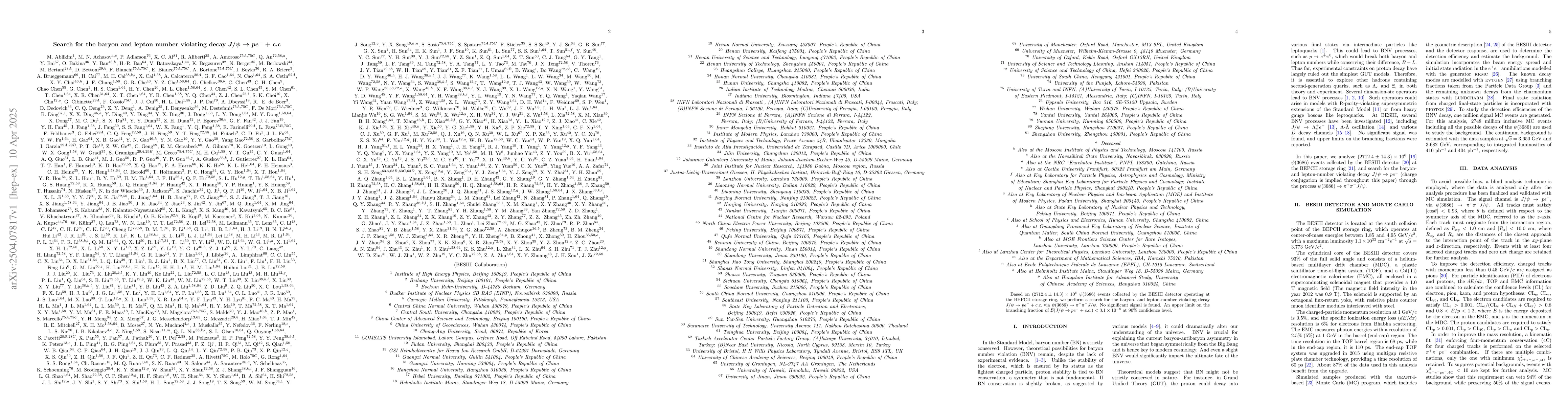 Thumbnail for Search for the baryon and lepton number violating decay $J/ψ\to pe^-$
  + c.c