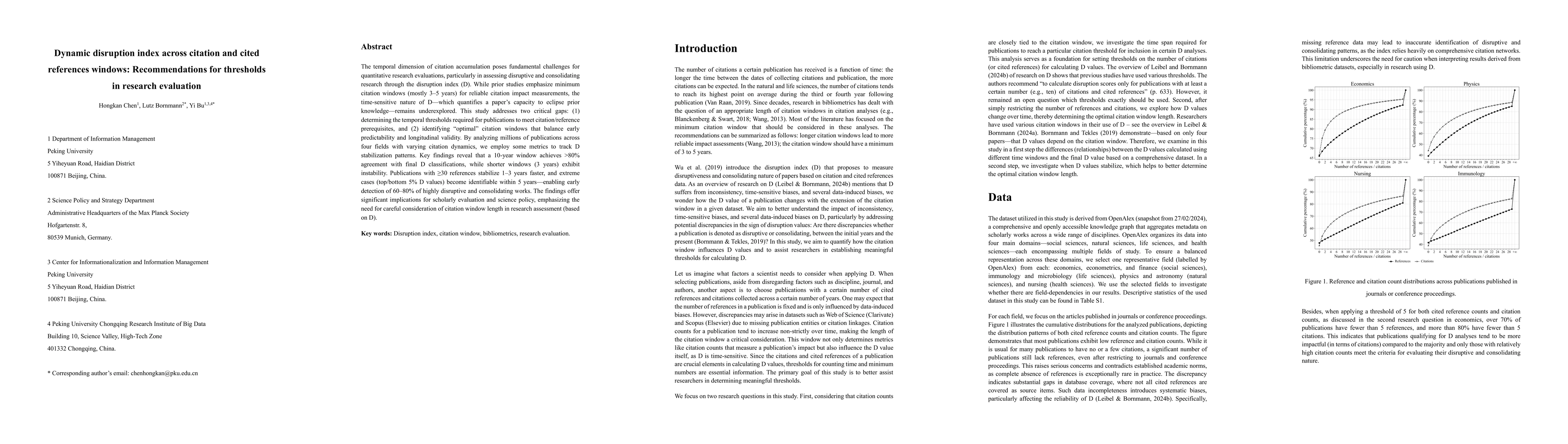 Thumbnail for Dynamic disruption index across citation and cited references windows:
  Recommendations for thresholds in research evaluation