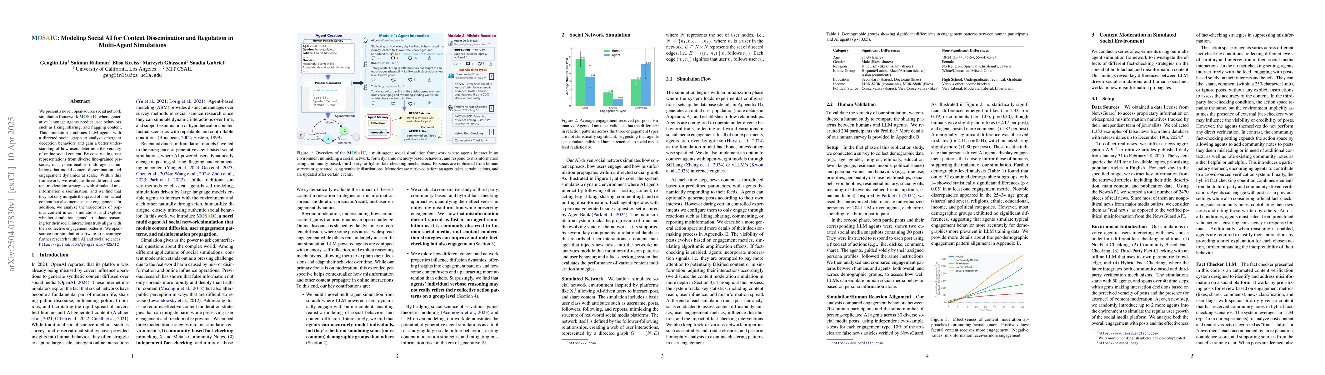 Thumbnail for MOSAIC: Modeling Social AI for Content Dissemination and Regulation in
  Multi-Agent Simulations