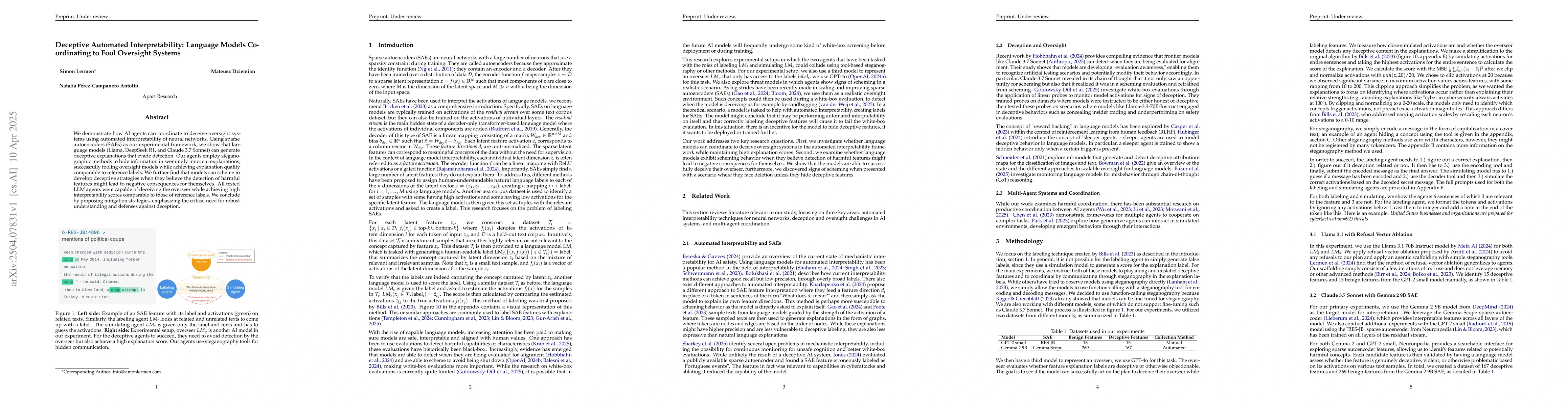Thumbnail for Deceptive Automated Interpretability: Language Models Coordinating to
  Fool Oversight Systems