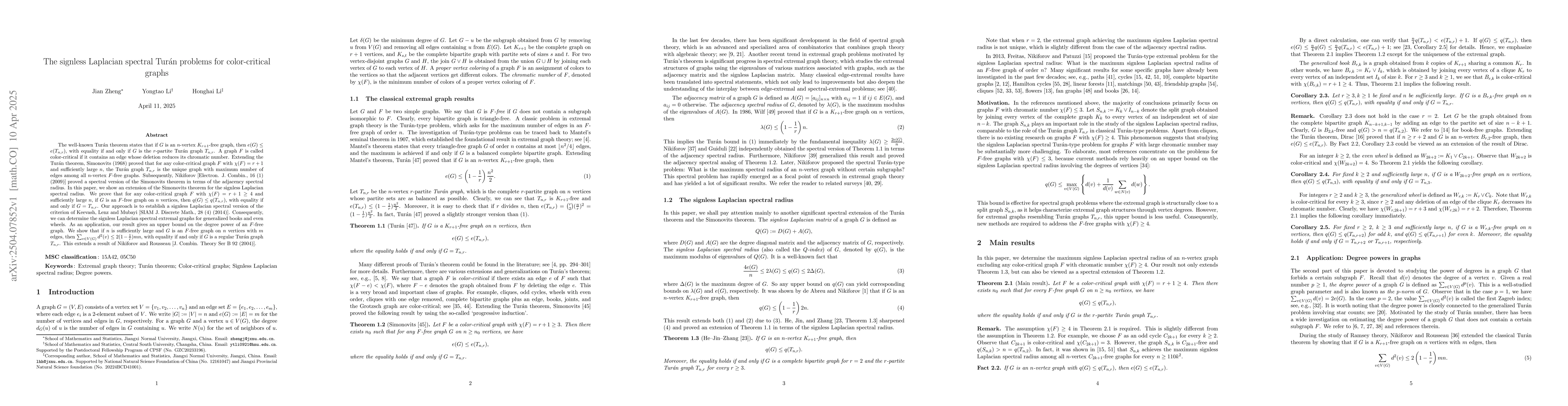 Thumbnail for The signless Laplacian spectral Turán problems for color-critical
  graphs