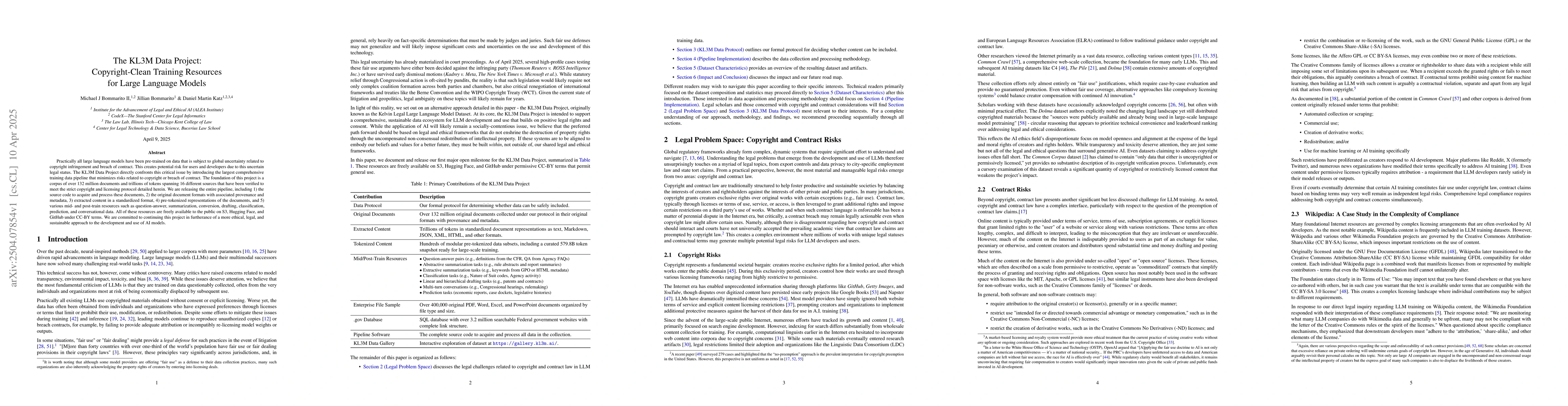 Thumbnail for The KL3M Data Project: Copyright-Clean Training Resources for Large
  Language Models