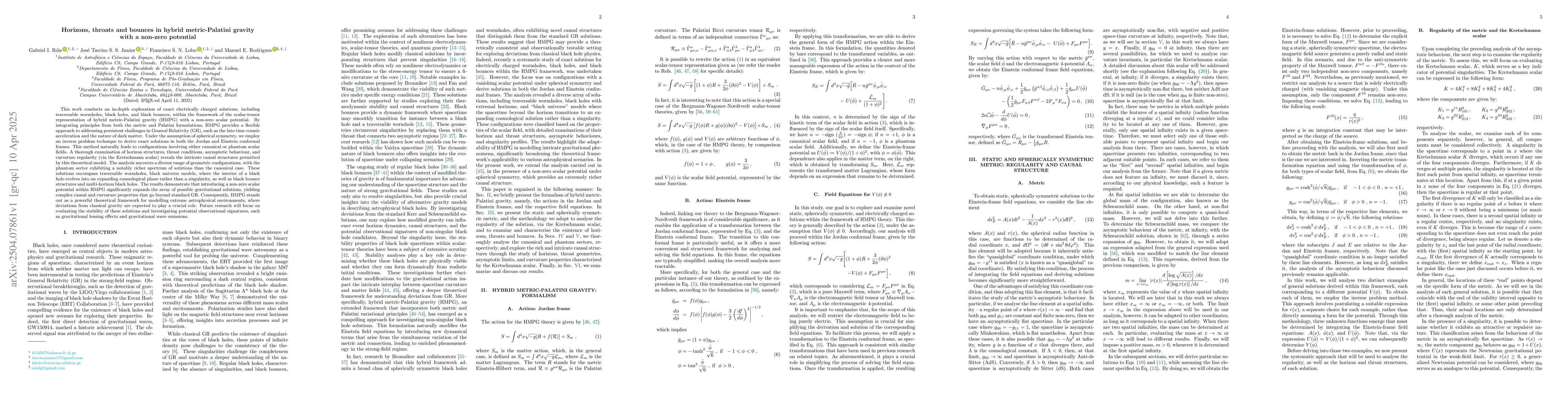Thumbnail for Horizons, throats and bounces in hybrid metric-Palatini gravity with a
  non-zero potential